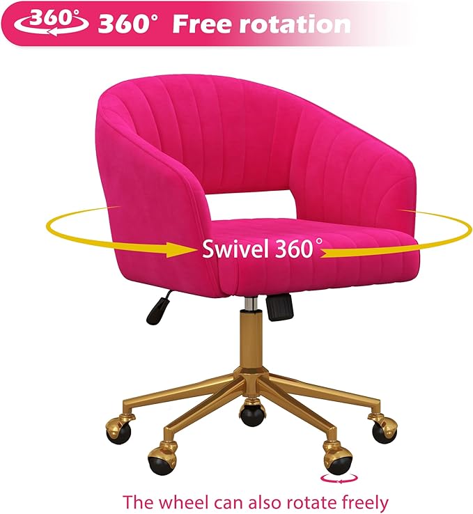 Home Office Chair Swivel Velvet Desk Chair Accent Armchair Upholstered Modern Tufted Chairs with Gold Base for Girls Women Ergonomic Study Seat Computer Task Stools for Living Room(Hot Pink)