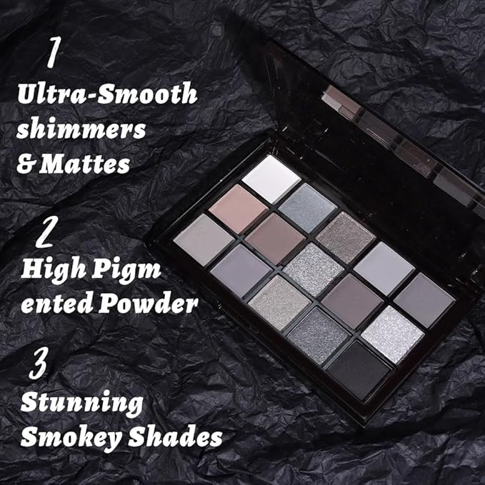 SUAKE 15 Colors Black Gray Silver Matte Shimmer Eyeshadow Palette for Eye Makeup,High Pigmented Brown White Eye Shadow Primers Powder Palet de sombras de ojos