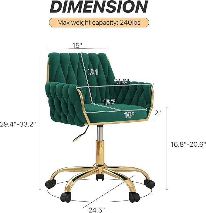 Velvet Home Office Chair, Modern Height Adjustable Cute Vanity Chair, 360° Swivel Makeup Chair Desk Chair with Golden Base and Hand Woven Backrest for Bedroom/Study/Vanity(Green)