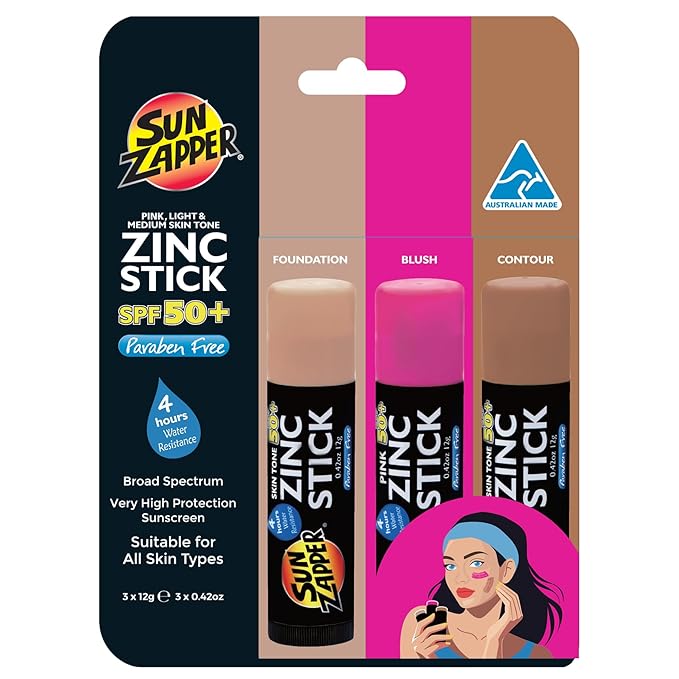 Sun Zapper Zinc Sunscreen Stick Beauty 3-Pack SPF 50+ (Light, Dark, Pink) – Tinted Mineral Sunscreen for Face, Makeup SPF Blush Stick, Water Resistant, Travel Size 12g (0.42 oz) each, Australian Made