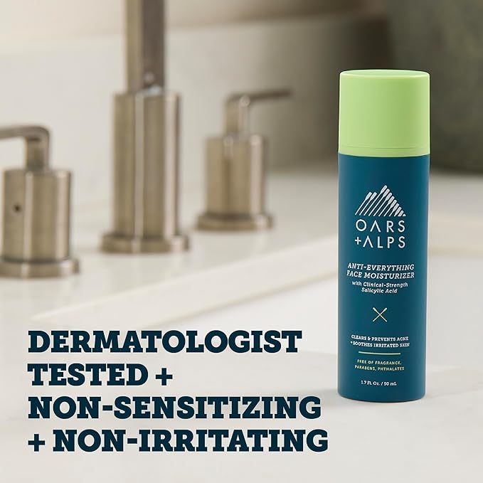 Oars + Alps Anti-Everything Facial Moisturizer with 1.0% Salicylic Acid Anti Acne Treatment, Fragrance Free Acne Fighting Face Moisturizer, Non-Greasy & Free of Parabens + Phthalates, 1.7 fl. oz