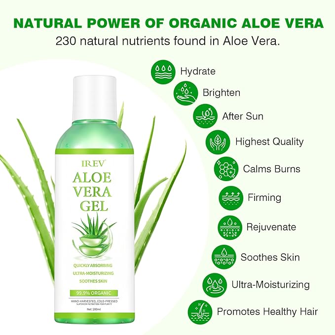 IREV Organic Aloe Vera Gel for Face, Skin, Hair, Sunburn Relief, Pure Aloe Vera Soothing Gel for Skin Care, Acne, After Sun Repair, After Shave, Cold Pressed, No Sticky Residue, Moisturizing-200ml