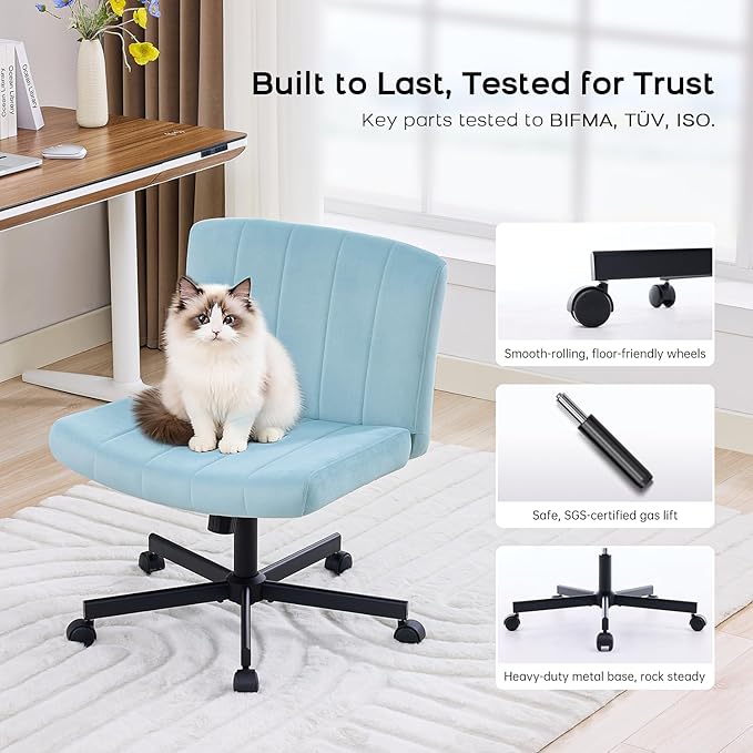LukkDys Criss Cross Chair with Wheels, Wide Cross Legged Desk Chair, Comfy Fabric Vanity Chair for Home Office Bedroom, Adjustable Armless Swivel Task Chair with 90–115° Tilt, Pale Blue