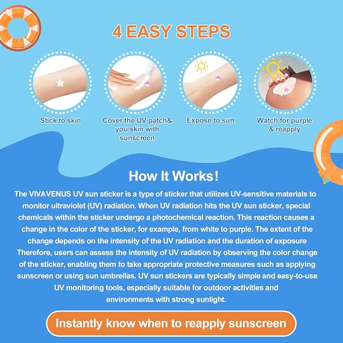 UV Detection Stickers for Sunscreen with advanced UVB and UVA detection technology Preventing Sunburn for Kids and Adults (16Count) Changes Color When Time To Reapply Your SunScreen
