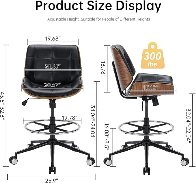 Drafting Office Chair Ergonomic Executive Computer Standing Desk Chair with Adjustable Height and Footrest Ring, Drafting Chair for Counter Height Desk and Drawing (Black)