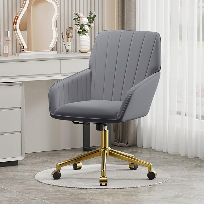 YISHENG Velvet Office Desk Chair with Gold Base, with Wheels,Modern Height Adjustable 360 Degree Swivel Upholstered Vanity Chairs with Arms for Living Room Bedroom，Gray