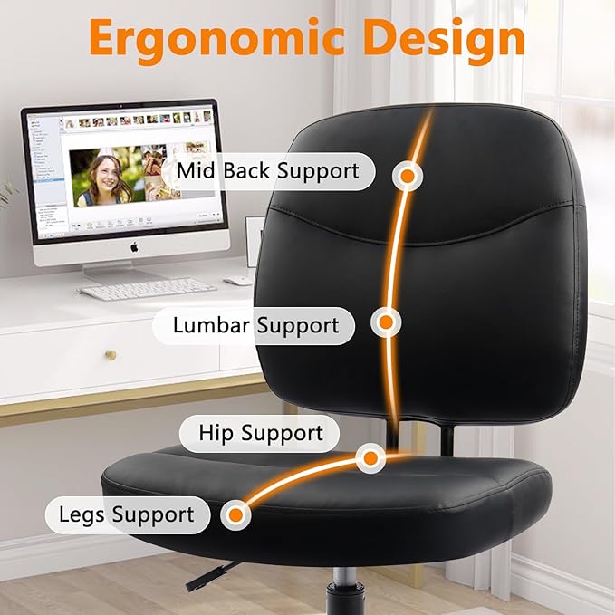 CLATINA Armless Home Office Chair,Small PU Leather Ergonomic Low Back Desk Chair with Lumbar Support and Wheels, Adjustable Height 360° Swivel Rolling Computer Task Chair, Black