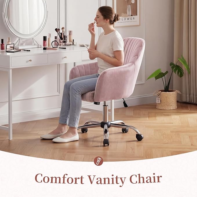Warmiehomy Desk Chair, Velvet Office Chair for Home Office, Comfy Vanity Chair, Girl Cute Makeup Chair with Arm Rest for Bedroom Dressing Room, Pink