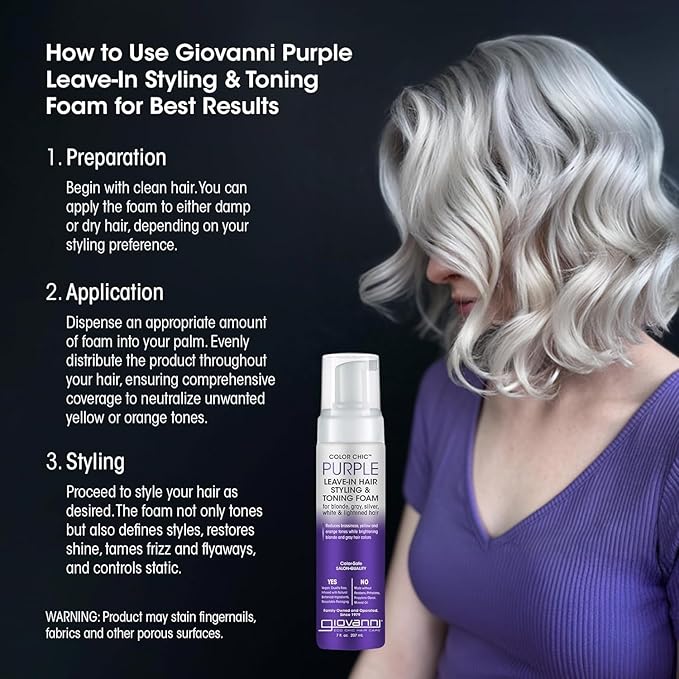 GIOVANNI Color Chic Purple Leave-In Hair Styling & Toning Foam - Purple Foam for Blonde, Gray, Brassy, Fine Hair, Gives Volume & Shine for Women & Men - 7 fl oz (Pack of 1)