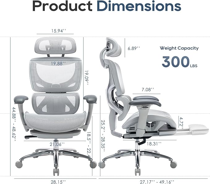 COLAMY Ergonomic Mesh Office Chair, High Back Desk Chair with Footrest, Adjustable Headrest and 3D Arms, Fixed Tilt Lock, Lumbar Support, Breathable Mesh Computer Chair for Home Office - Grey
