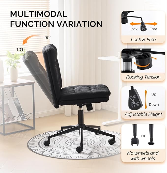 VINGLI Mid Back Armless Office Desk Chair with Wheels/no Wheels,360°Rocking Swivel Vanity Chair with Thickened Cushion,Adjustable Height Rolling for Reading Room, Make up, Linen Black
