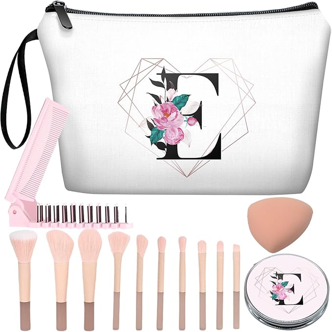 Personalized Initial E floral Makeup Bag set with Mirror for Women,White Ietter E Bride Bridesmaid travel Cosmetic bag kit with10 pieces pink brush set,Initial Gifts for Girls Mom femal Friends