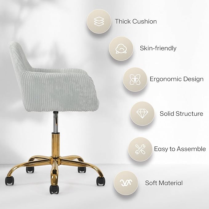 Faux Fur 360°Swivel Desk Chair, Height Adjustable Home Office Armchair with Golden Base for Teens Women Girls, Corduroy & Light Blue