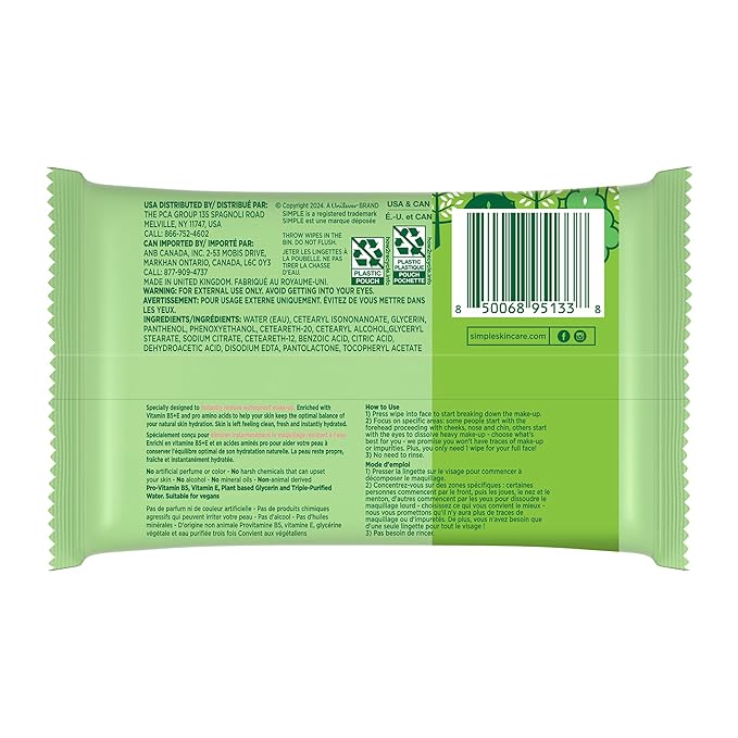Simple Kind To Skin Cleansing Makeup Remover Wipes - Vegan Facial Cleanser Wipes with Vitamin B5 and E - Removes Waterproof Makeup - 4 pc