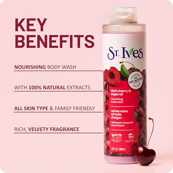 St. Ives Dark Cherry & Argan Oil Body Wash, Nourishing Body Care with 100% Natural Extracts, Moisturizing Body Soap, Daily Shower Gel Cleanser with Sweet Cherry Fragrance, 22oz