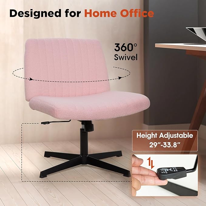 PayLessHere | Criss Cross Chair | Pink | Wide, Armless Desk Chair Without Wheels | 360 Swivel, Height Adjustable & Stable Metal Base | for Office, Home Office, Vanity Seating