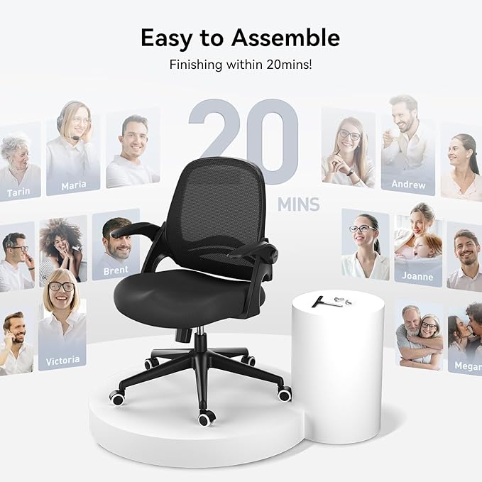 Hbada Office Desk Chair with Flip-Up Armrests and Saddle Cushion, Ergonomic Office Chair with S-Shaped Backrest, Swivel, Mesh, Black
