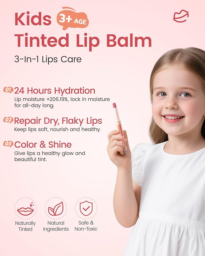 RUNBEN Kids Tinted Lip Balm, Juicy Pomegranate Lipstick, 24H Moisturizing, Safe & Non-toxic Lip Gloss for Kids & Teen, Christmas Makeup Gift for Girls