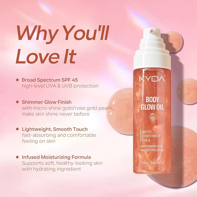 KYDA Travel Size Sunscreen,SPF 45 Sunscreen Spf Body Oil with Gold Mica, Sun-kissed Glow Skin Illuminator, Moisturizing Coconuts Summer Sunscreen, Water Resistant,3.38 fl oz, ROSE