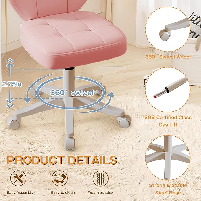 Vanity Chair with Back – Small Armless Office Chair with Wheels, Lumbar Support, PU Leather, Adjustable Height, 360° Swivel for Home, Bedroom, Office Pink Set of 2