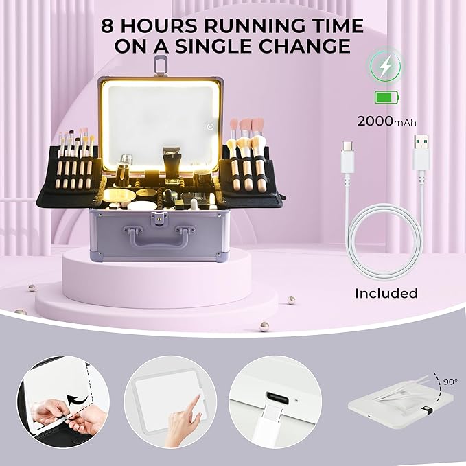 Makeup Case with Lighted Mirror, Makeup Box Organizer with Detachable LED Mirror, Travel Makeup Train Case, Waterproof Cosmetic Organizer, Standing Brush Holder, Gift, Purple
