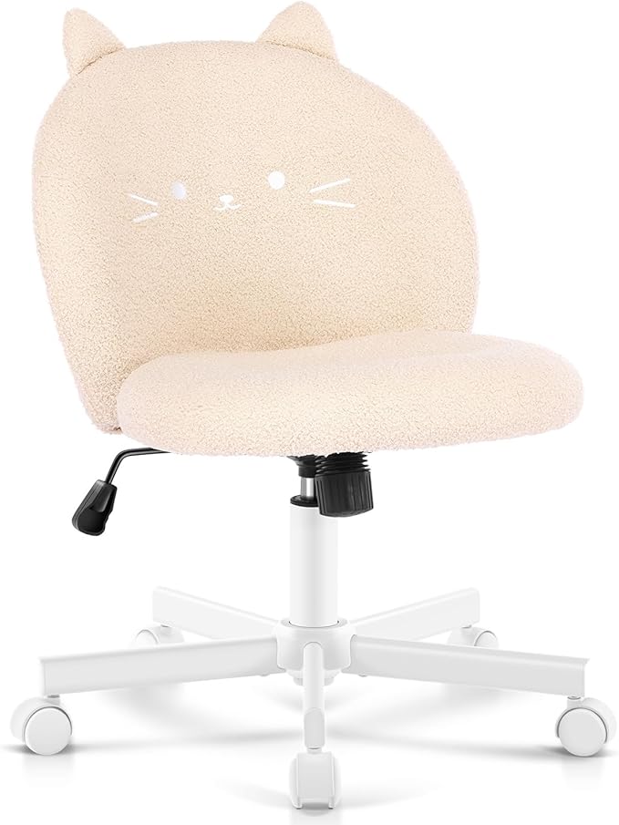 Vanity Chair with Cat Back,Armless Desk Chair Cute Small Office Chair,Teddy Fabric Computer Chair with Adjustable Height,120°Tilting,Rolling,Swivel for Vanity,Kids Room,Office,Bedroom Beige