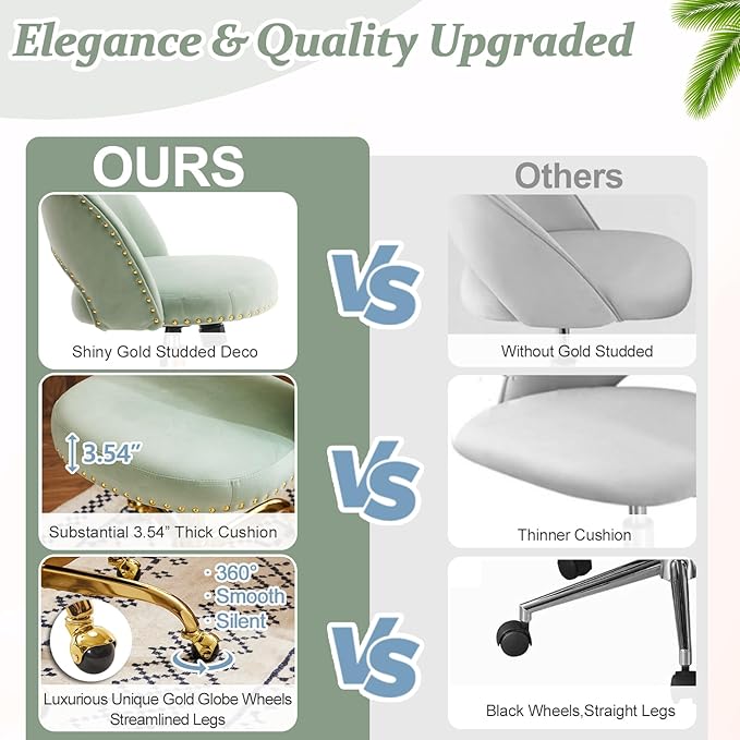 VINGLI Modern Velvet Small Office Chair,Cute Desk Chair with Wheels,Gold Base/Studs, Comfy Armless Swivel Vanity Task Chair for Women/Girl/Kids, Nail Tech Chair for Bedroom,Small Space,Mint Green