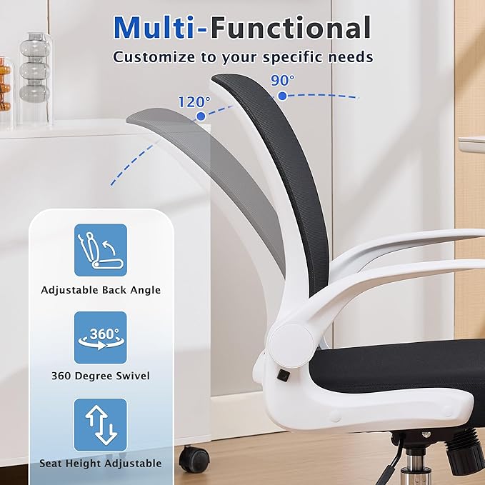 IPKIG Foldable Office Chair for Small Spaces | Home Office Folding Desk Chairs with Wheels and Flip Up Arms | Ergonomic Mesh Computer Chair for Adults & Kids (2PCS White)