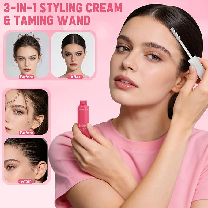3-In-1 Styling Cream & Taming Wand Gel with Slick Back Brush Set,Cactus Fruit Fly Away Stick for Adult Women and Men Hair,Tame Flyaways, Smooth Frizz,0.6 OZ