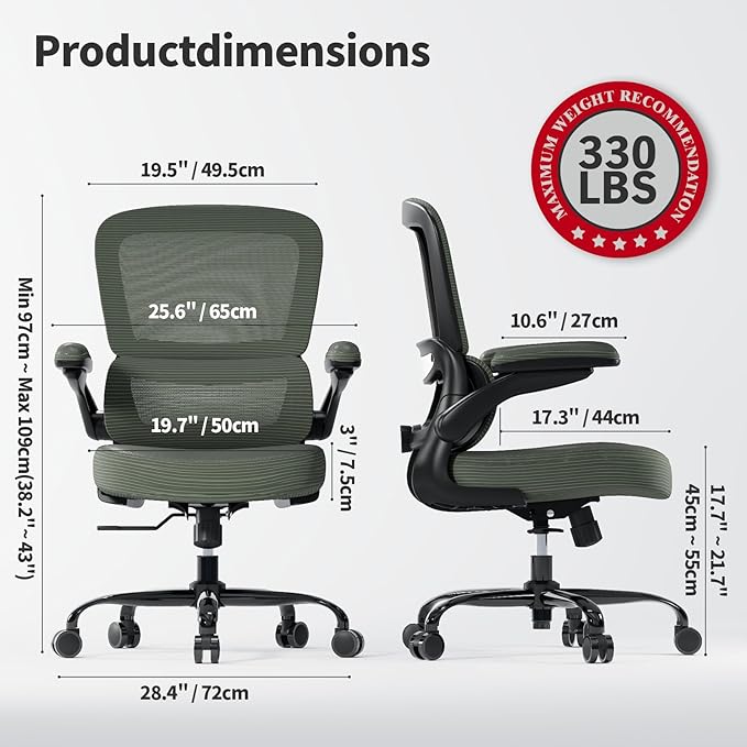 TRALT Ergonomic Office Chair - Desk Chair with Adjustable Lumbar Support Computer Chair - Mesh Comfy Chair with Flip-up Armrests - Gaming Chairs for Adults Home Office (PU Leather, Dark Green)