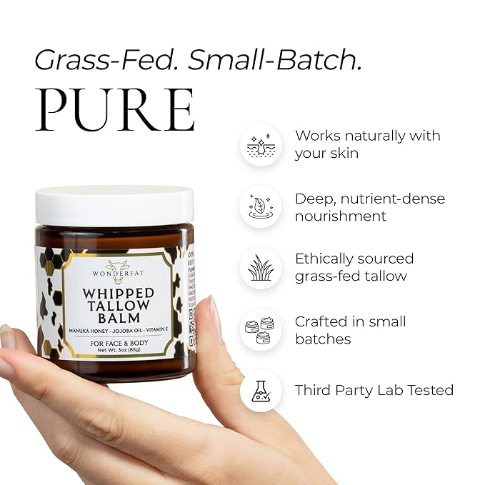 Grass-Fed Whipped Tallow Balm, Face and Body Moisturizer with Manuka Honey, Fragrance Free Tallow Moisturizer for Sensitive Skin, Lightweight Tallow Cream, 3 oz