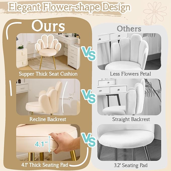 VINGLI Petal Makeup Vanity Chair with Back,Flower Cute Girls Desk Chair Comfy No Wheels,Modern Dining Chair,Small Accent Chair with Adustable Gold Legs&Bow Pillow for Home Office,Bedroom,Velvet,Beige