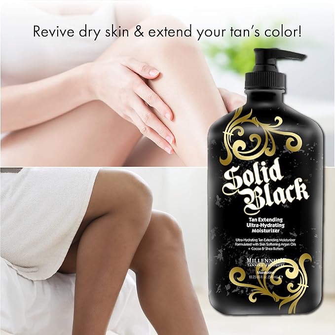 Millennium Tanning Solid Black Tan Extender Moisturizer Body Lotion Tattoo Enhancer with Argan Oils and Aloe Vera 18.25 Fl. Oz.