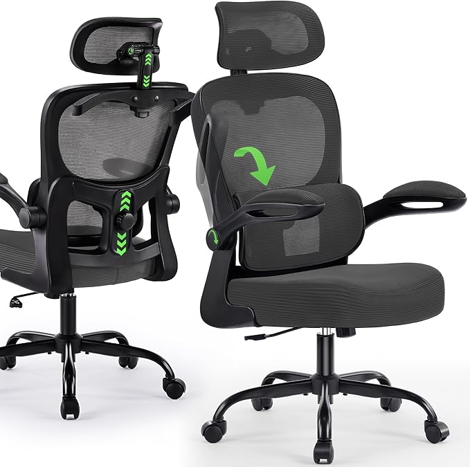 AreShark Office Chair Ergonomic Desk Chairs with Adjustable Lumbar Support& Headrest Hanger, High Back Breathable Mesh Chair with Wheels, Rolling Swivel Comfy Task Computer Chair for Home Work Gaming