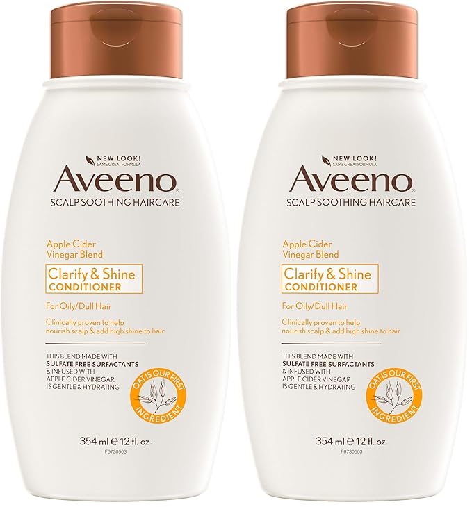 Aveeno Apple Cider Vinegar Sulfate-Free Conditioner for Balance & High Shine, Daily Moisturizing & Scalp Soothing Conditioner for Oily or Dull Hair, Paraben & Dye-Free, 12oz (Pack of 2)