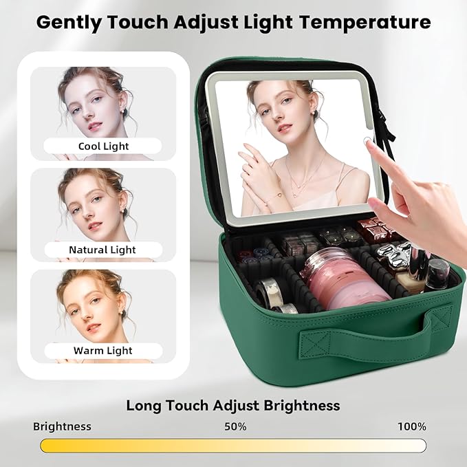 Makeup Bag with Led Mirror,Portability Cosmetic Case Portable Cosmetic Brush Organizer Bag with Adjustable Dividers,Gift for Women,Girls Gift (Dark Green)