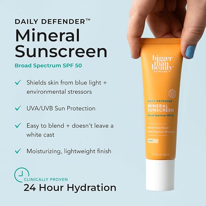 Daily Defender Broad Spectrum SPF 50 Mineral Sunscreen with Hyaluronic Acid, Vitamin C & Niacinamide (as Vitamin B3), Lightweight UVA & UVB Protection, Skin Care, Deep