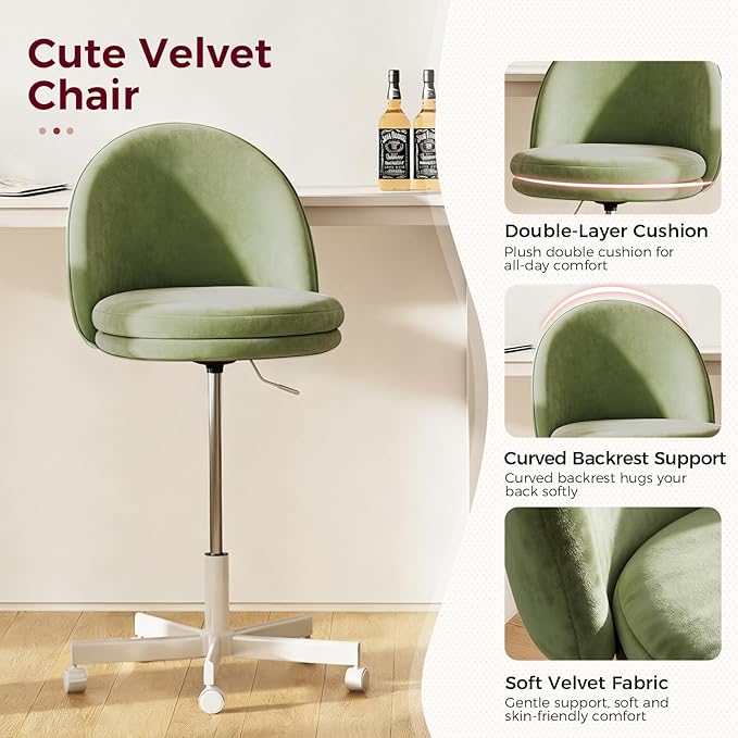 GTPLAYER Velvet Tall Office Chair with Wheels Vanity Chairs with Back, Versatile Height Use: Office to Bar Stools Small Ergonomic Comfy Armlees Computer Desk Chair with Bow Lumbar Pillow for Gift