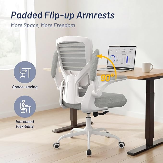 Office Chair for Long Hours & Lower Back Pain Relief – 4" Thick Molded Foam Cushion, Padded Lumbar Support and Flip-up Armrests, Ideal for Office or Study (Modern, Light Gray)