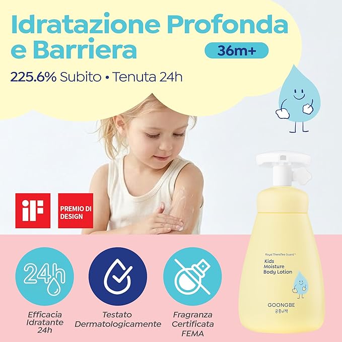 GOONGBE Kids Moisture Body Lotion – 24hr Hydrating Daily Moisturizer for Dry Sensitive Skin – Triple Lipid Complex (Ceramide, Squalane, Cica) – Fast-Absorb Non-Sticky, Allergen-Free 8.45oz