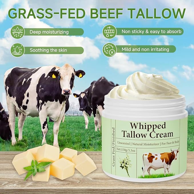 Beef Tallow for Skin, Beef Tallow, Grass Fed Beef Tallow, Whipped Beef Tallow for Face Moisturizer for All Purpose Tallow Balm, 2 packs