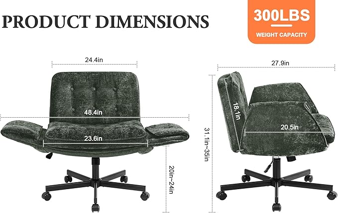 Criss Cross Chair with Wheels & Arms, Chenille Cross Legged Office Chair with 5-level Folding Armrest, Comfortable Adjustable Swivel Vanity Chair for Home, Make Up, Bed Room, Office, Accent (Green)