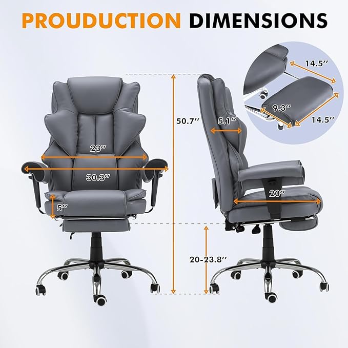 HOMREST 6-Point Massage Executive Chair, Ergonomic Heated Office Chair with Adjustable Backrest and Armrest, Home Office Desk Chairs with Retractable Footrest(‌SlateGray‌)