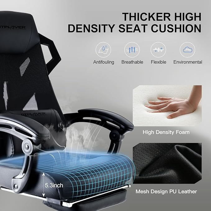 GTPLAYER Gaming Chair, Computer Chair with Mesh Back, Ergonomic Gaming Chair with Footrest, Reclining Gamer Chair with Adjustable Headrest and Lumbar Support for Gaming and Office (Black)