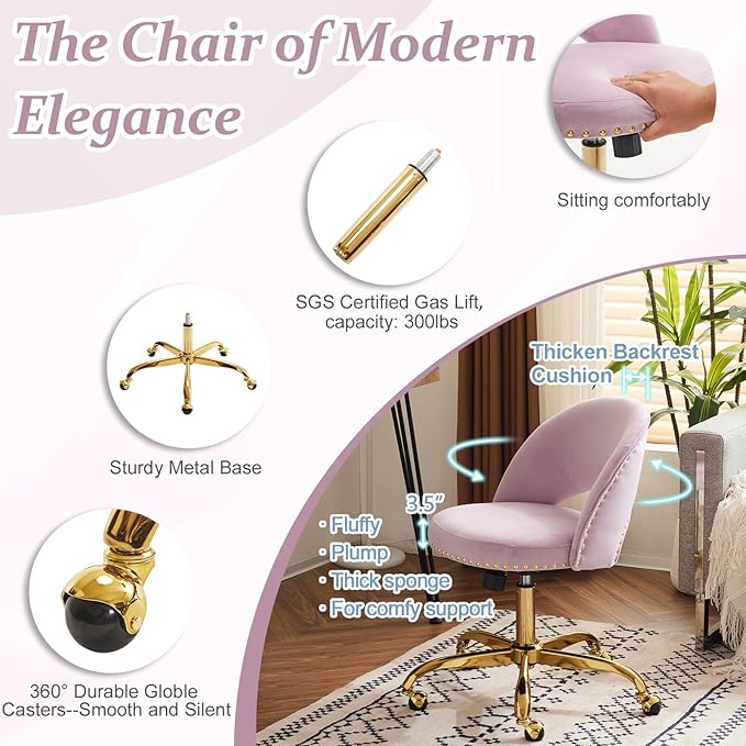 VINGLI Modern Velvet Small Office Chair,Cute Desk Chair With Wheels,Gold Base/Studs,Comfy Armless Swivel Vanity Task Chair For Women/Girl/Kids,Nail Tech Chair For Office,Small Space,Mauve Light Purple