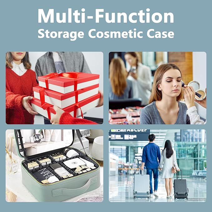 Makeup Bag with Led Mirror,Large Vanity Makeup Cases with 3 Color Setting,Portable Storage and Adjustable Dividers,for Women and Makeup Artists Cosmetic Organizer Travel Makeup Bag-Light Blue