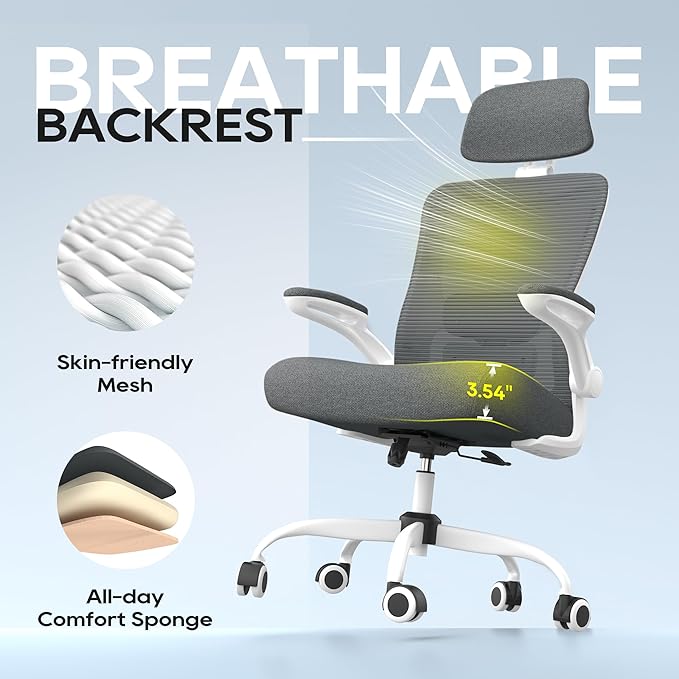 Ergonomic Office Chair, High Back Mesh Desk Chair with Adjustable Lumbar Support & Headrest, Flip-up Armrest, Computer Task Chairs for Home and Executive Office (W-Dgrey)