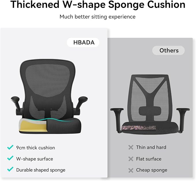 Hbada Office Chair Ergonomic Desk Chair, Office Chairs with PU Silent Wheels, Breathable Mesh Computer Chair with Adjustable Lumbar Support, Flip-up Armrests, Tilt Function, Black