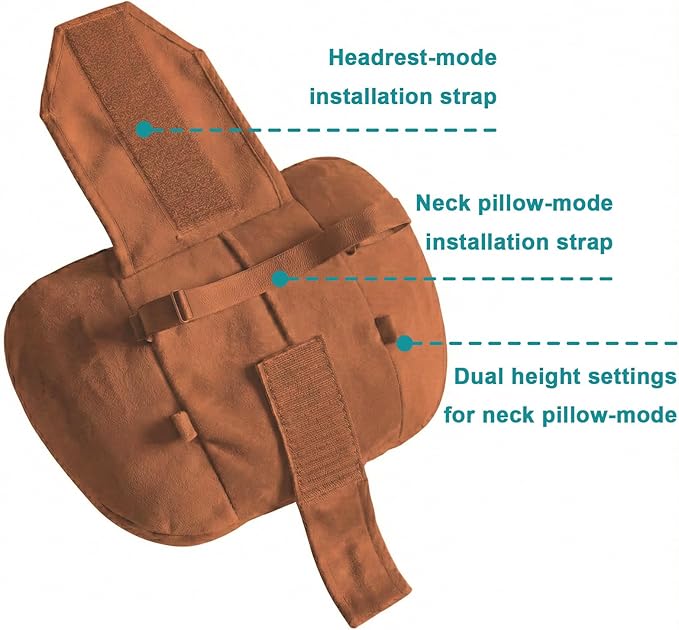 2PCS Car Pillow for Car Neck Pillow for Driving Seat Leather Neck Support Soft Cushion Back Support Head-Rests for Vehicle Sleeping with Elastic Adjustment Strap (Brown, Head and Lumbar)