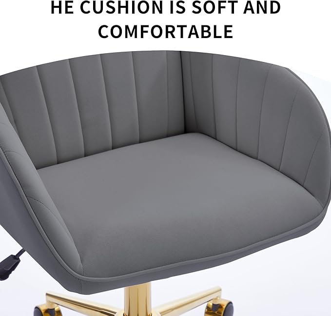 YITAI Velvet Office Desk Chair with Wheels and Gold Base,Modern Height Adjustable 360 Degree Swivel Upholstered Vanity Chairs with Arms for Living Room Bedroom, Study,Gray